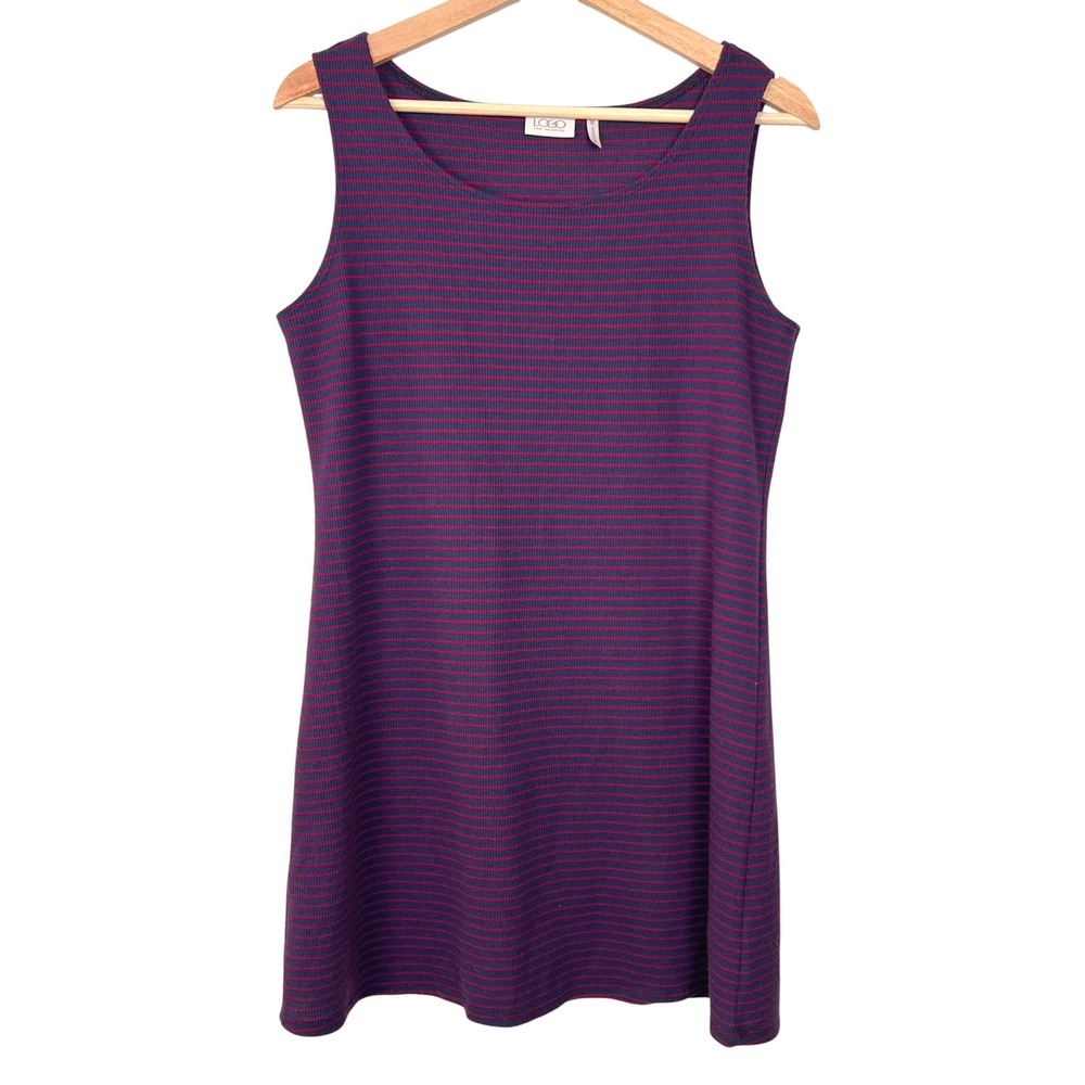 LOGO Lori Goldstein Womens Medium Navy Burgundy Striped Sleeveless Tunic Top
